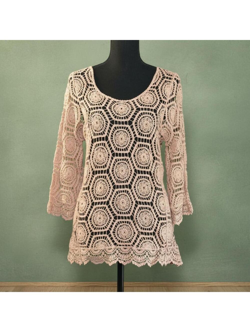 Apparel Love Tan Crochet Knit Top Small NWT Boho-Artisanal Cotton Open Knit